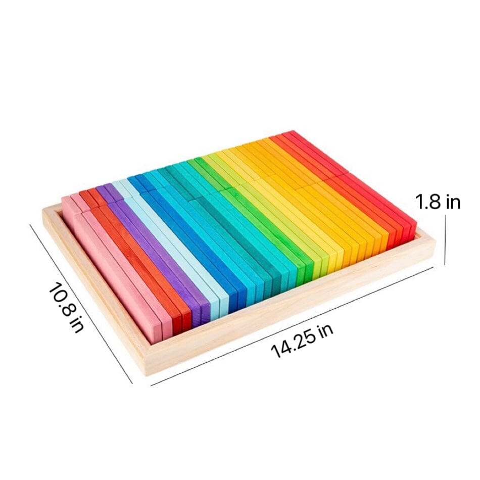 64 Pcs STAINED Large Wooden Rainbow Building Slats with Storage Tray