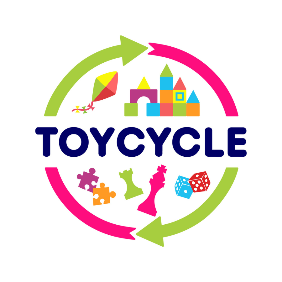 Toycycle used toy and baby items marketplace logo recycle arrows surrounding toys