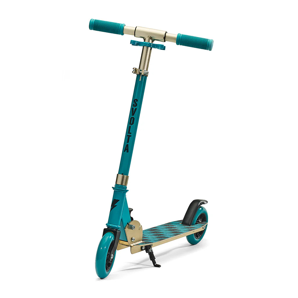 A teal and gold Svolta kick scooter with a checkered deck pattern, standing on its kickstand against a white background.