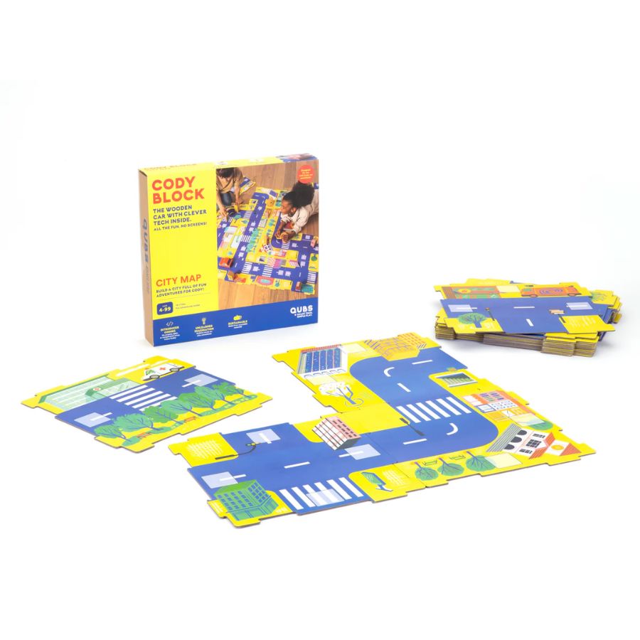 Cody Block City Map toy set with its packaging box and multiple assembled road map pieces on a clean white background.