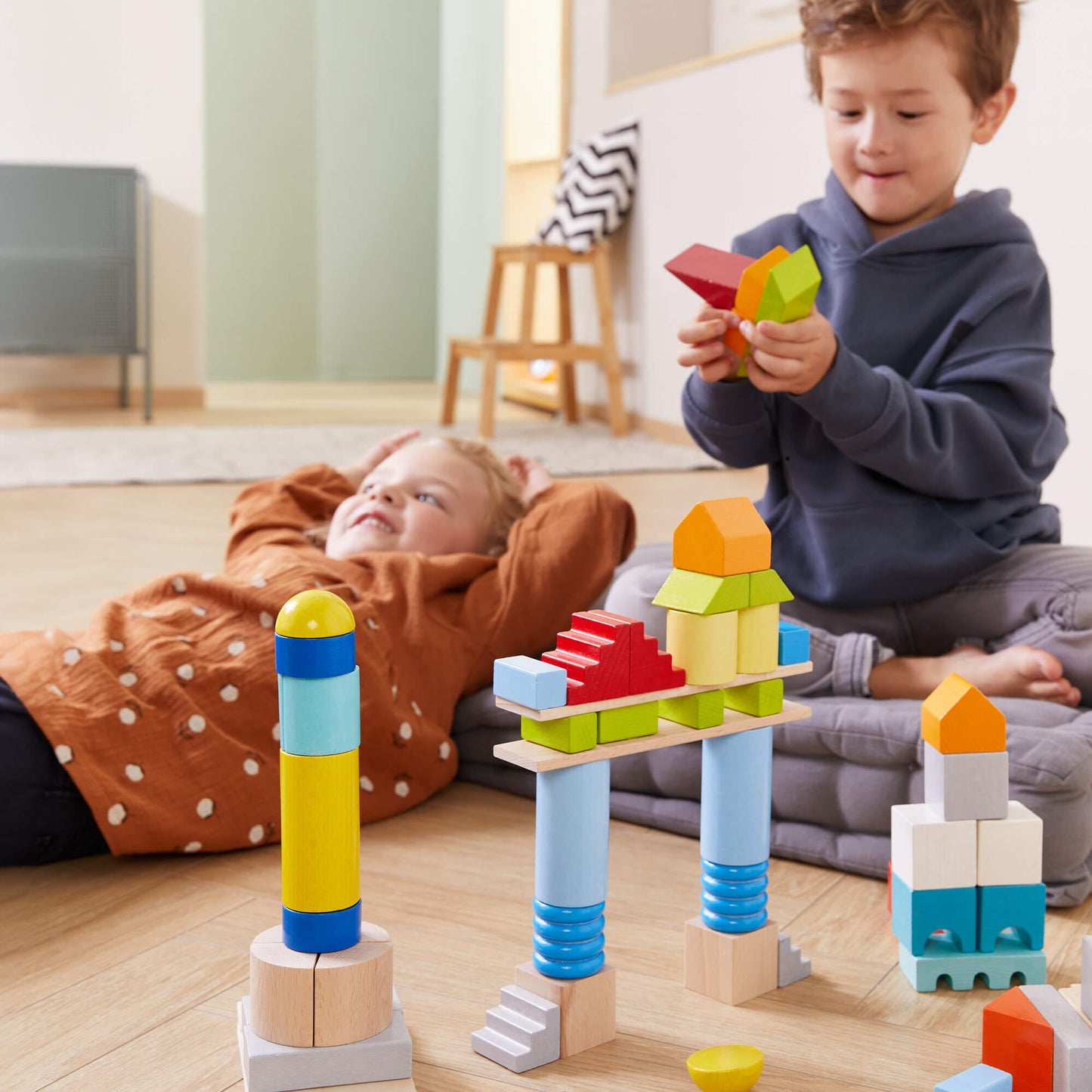 Colored Wooden Building Blocks - 85 Piece Set Architectural Blocks