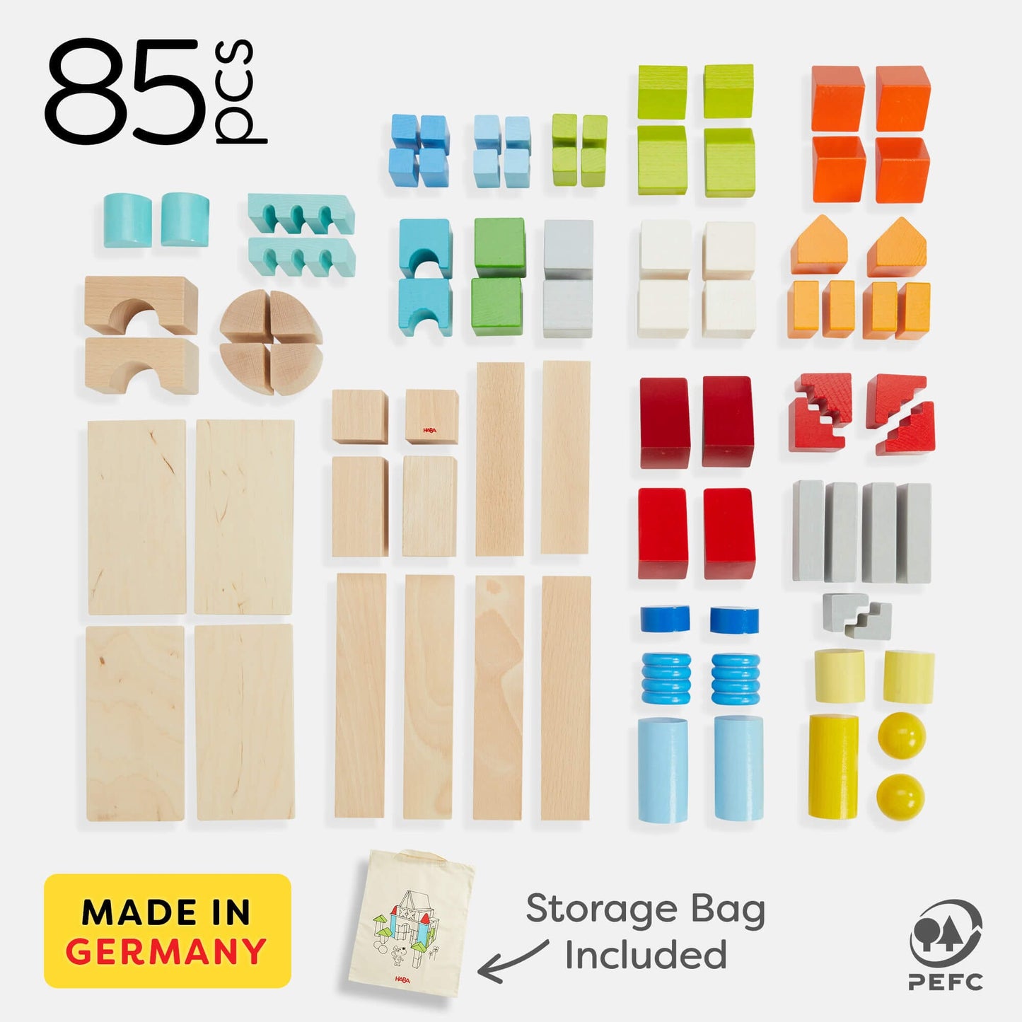 Colored Wooden Building Blocks - 85 Piece Set Architectural Blocks