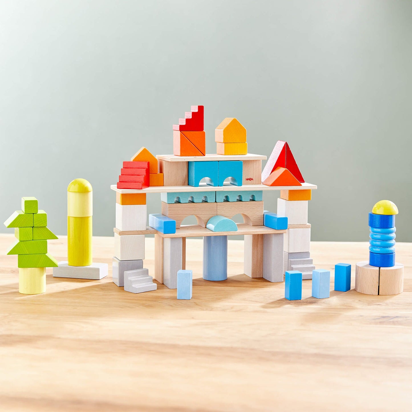 Colored Wooden Building Blocks - 85 Piece Set Architectural Blocks