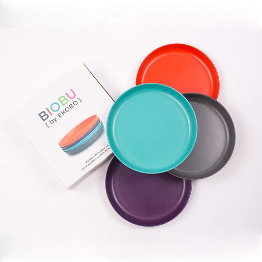 EKOBO Bamboo Kids Plate Set of 4 in Persimmon Prune Lagoon and Smoke