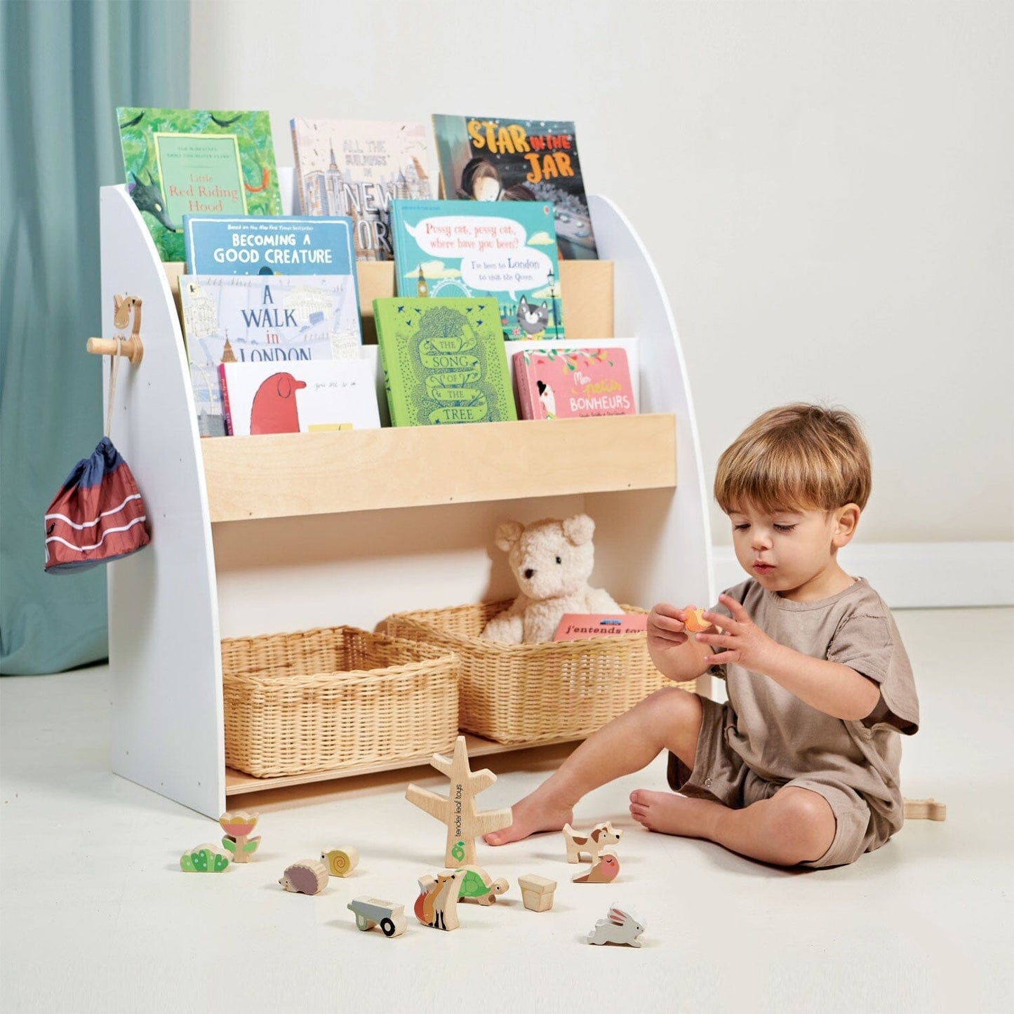 Forest Kids Bookcase - natural wood bookcase for the nursery, front display.