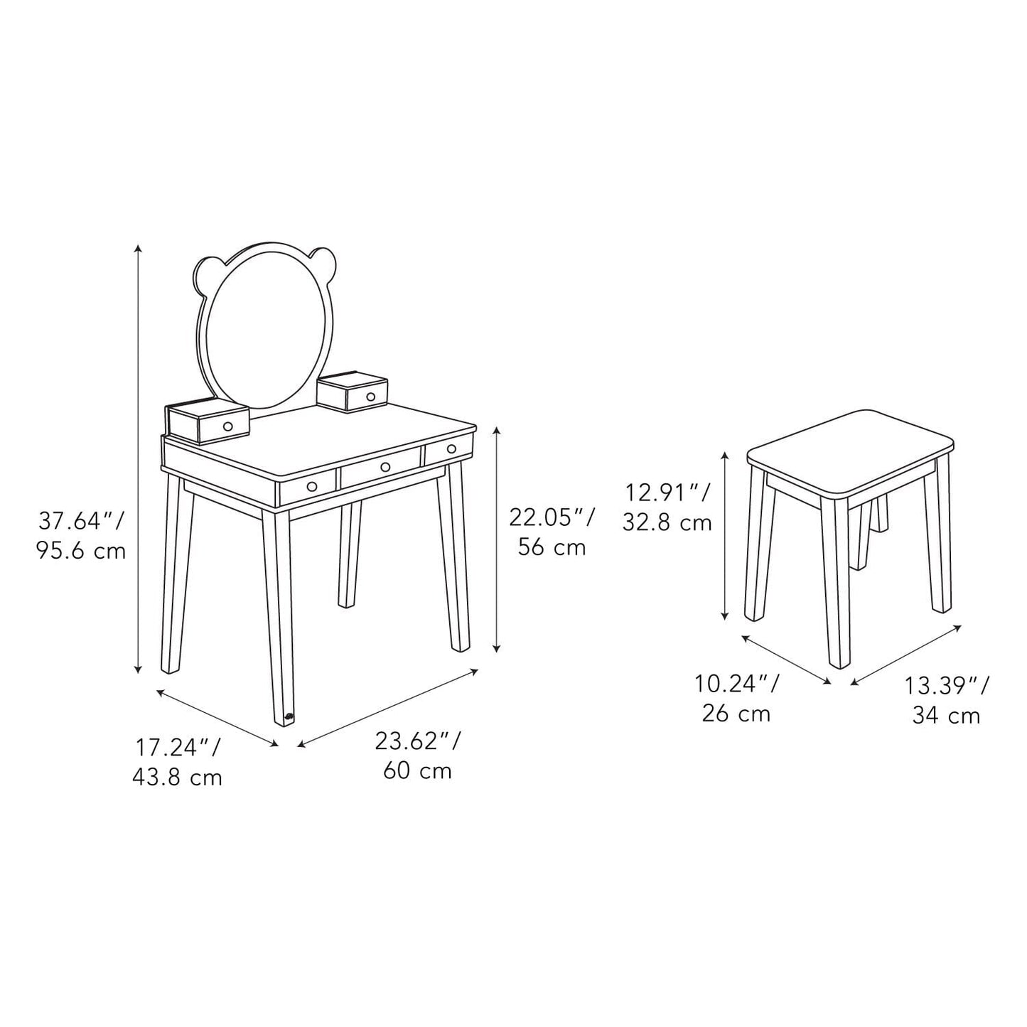 Childs Dressing Table Set from Tender Leaf diagram and dimensions
