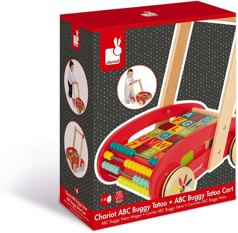 Janod Wooden ABC Buggy Cart Push Walker Toy packaging shot