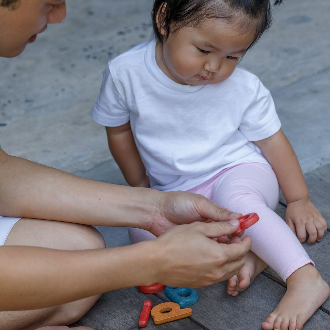 Mom & child play with Alphabet toys from PlanToys - lower case