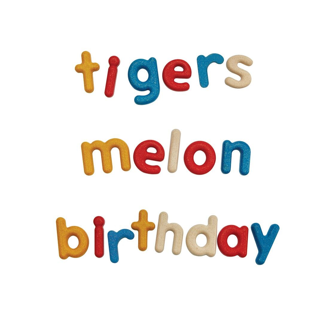 Words spelled out with Alphabet toys from PlanToys - lower case