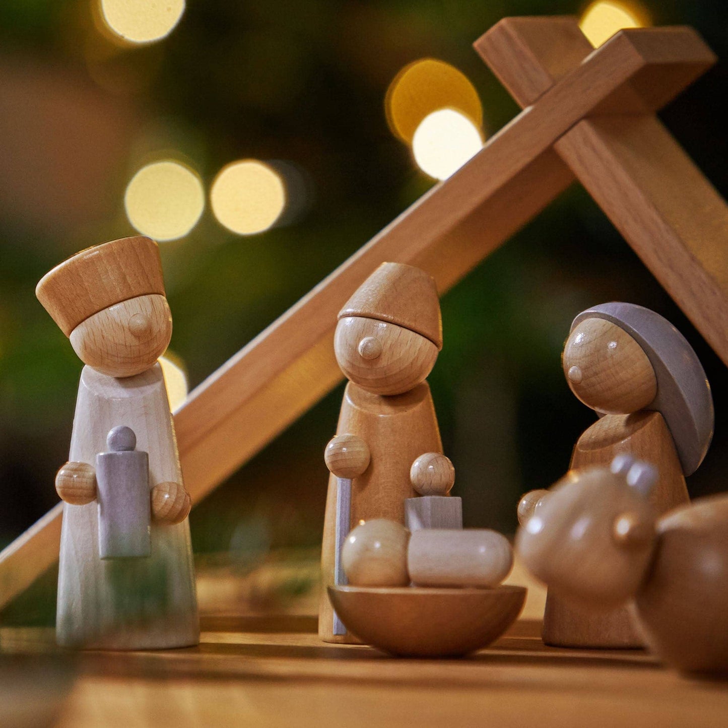 Childs wood nativity set in scene close up figures