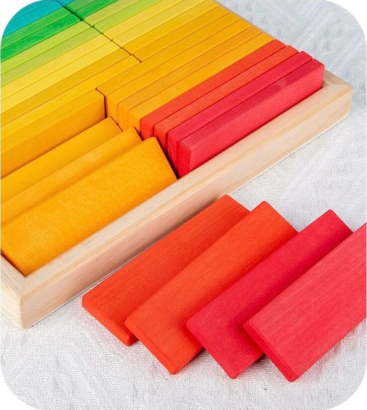 Green Elephant Home and Toys - Stained Wooden Rainbow Building Slats with Tray - 64 Pc