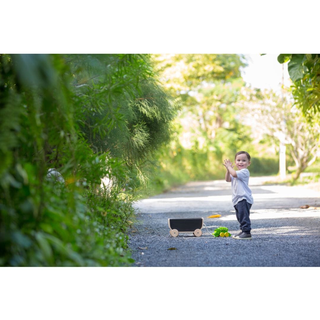 Toddler plays with little wagon toy