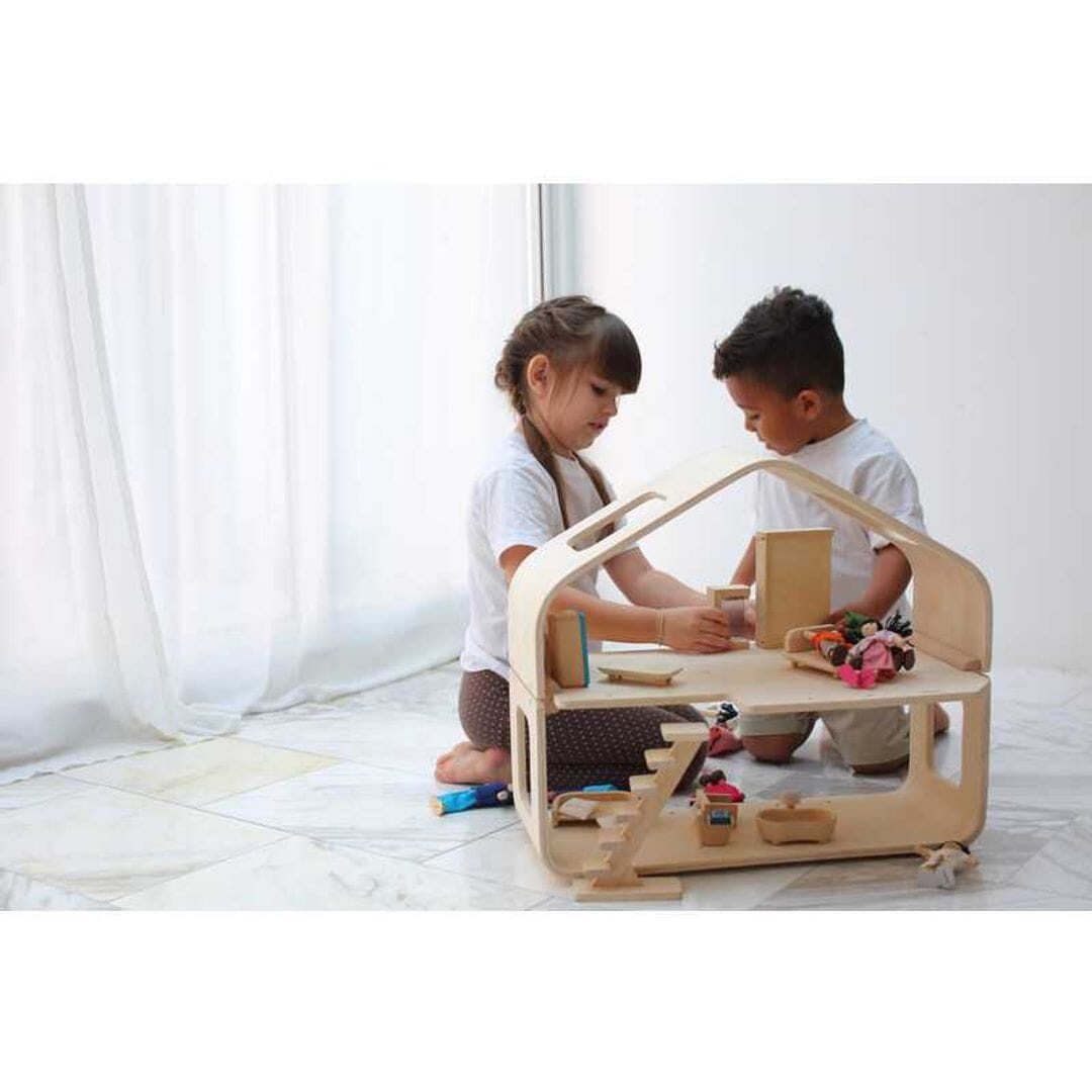 Kids play with Mid century modern dollhouse with furniture