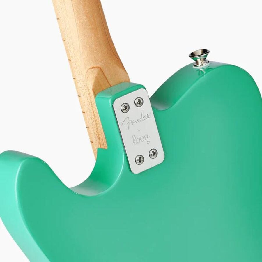 Discounted Fender X Loog Telecaster Electric Guitar sea green close up shot of the Fender X Loog logo