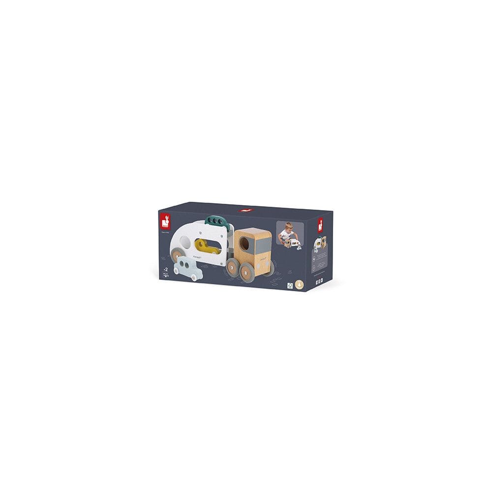 Janod Bolid Toy Car Hauler Trailer with Three Vehicles package shot