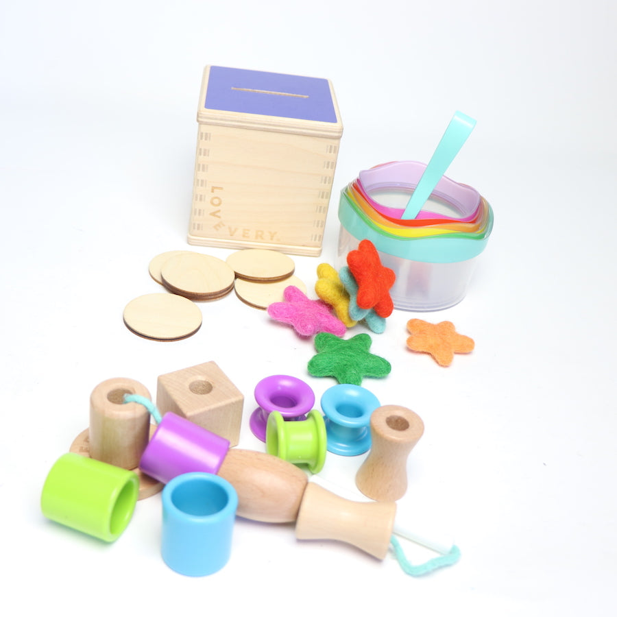 Lovevery Lacing Beads, Wooden Coin Bank and Nesting Cups
