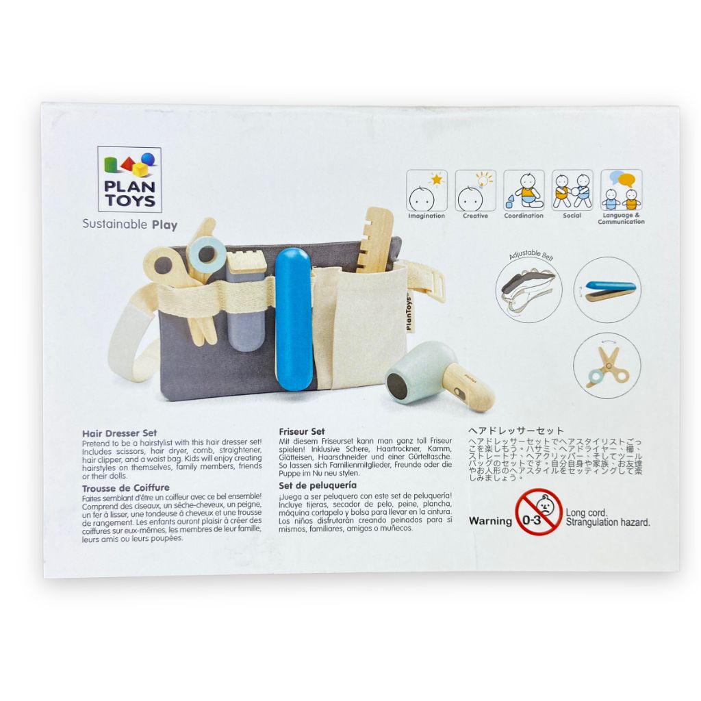 PlanToys Hair Dresser Set back of box with wooden toy instruments