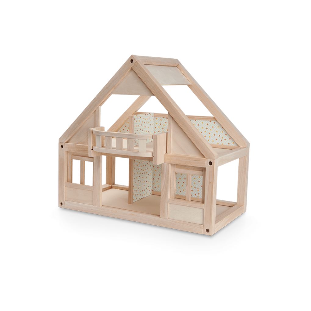 My First Dollhouse by Plantoys with A-frame and open floor plan made from natural unfinished wood.