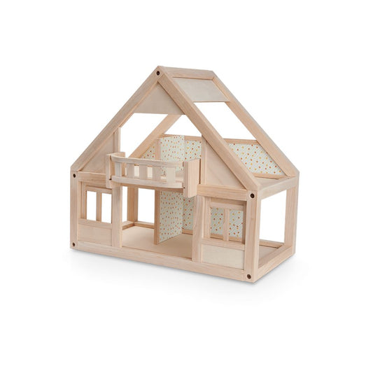 My First Dollhouse by Plantoys with A-frame and open floor plan made from natural unfinished wood.