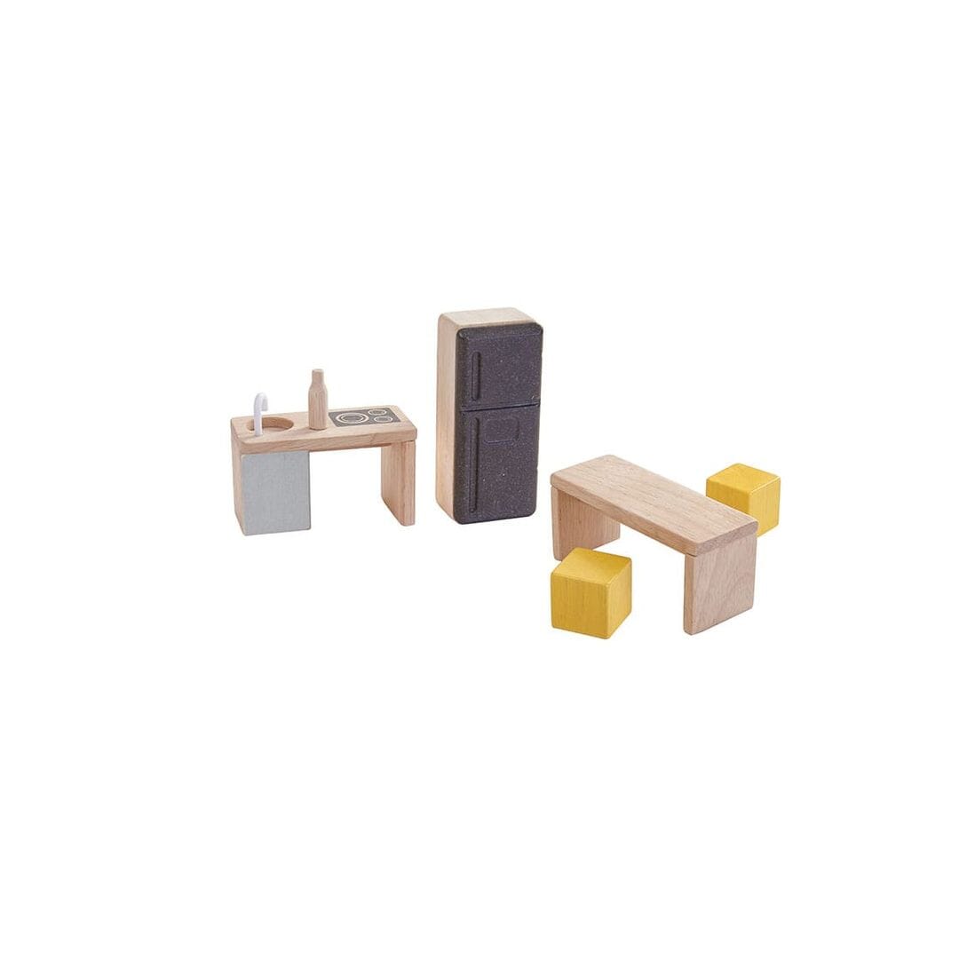 PlanToys Slide N Go wooden Dollhouse kitchen furniture set - natural unfinished wood.