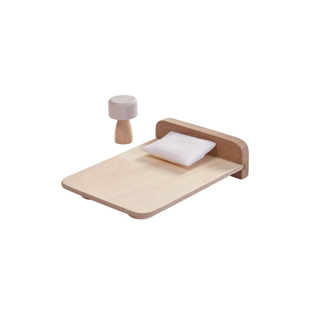 PlanToys Slide N Go wooden Dollhouse bedroom furniture set - natural unfinished wood.