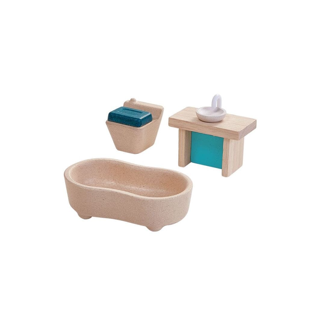 PlanToys Slide N Go wooden Dollhouse bathroom furniture set - natural unfinished wood.