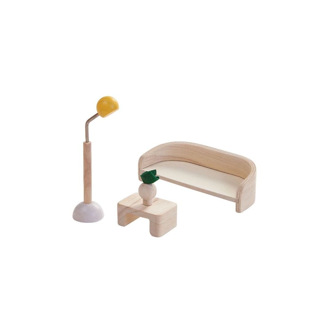 PlanToys Slide N Go wooden Dollhouse living room furniture set - natural unfinished wood.