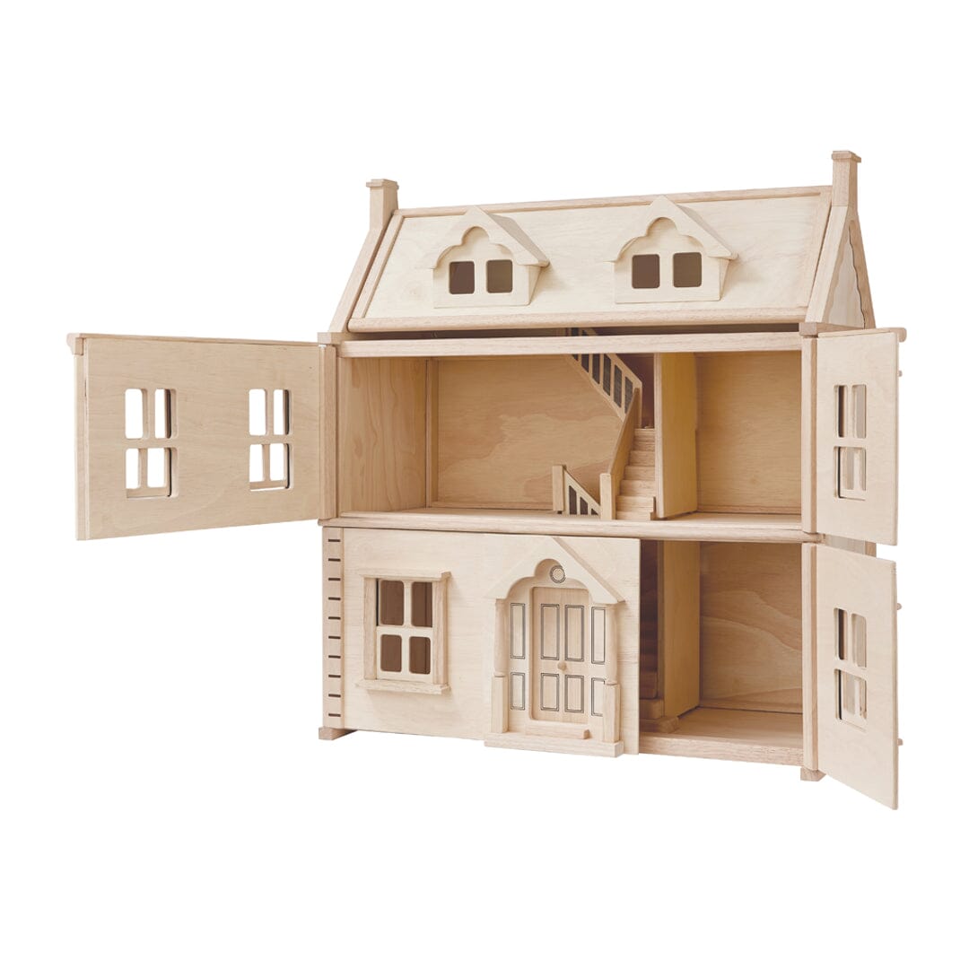 Large Victorian dollhouse - natural wood finish, open upper panels.