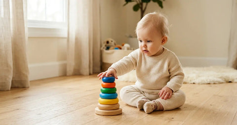 Baby around 8-9 months sitting on the floor reaching for a colorful stacking toy during playtime