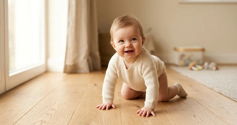 Baby crawling on hardwood floor in hands-and-knees position looking up with a grin