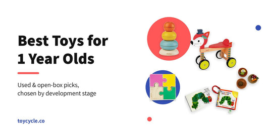 Best toys for 1 year olds — Janod fox ride-on, PlanToys stacking rings, Lovevery puzzle and Very Hungry Caterpillar books, used and open-box at Toycycle
