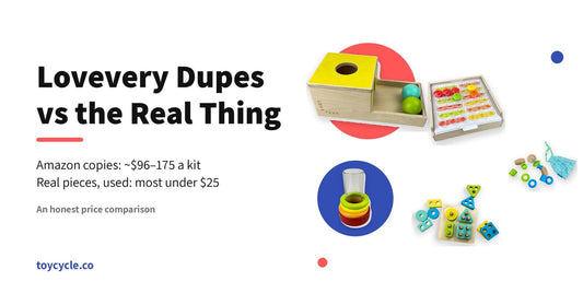 Lovevery dupes vs the real thing — used Lovevery Ball Drop Box, Mosaic Button Board, Clear Tube stacking rings and Sort & Stack Peg Puzzle at Toycycle