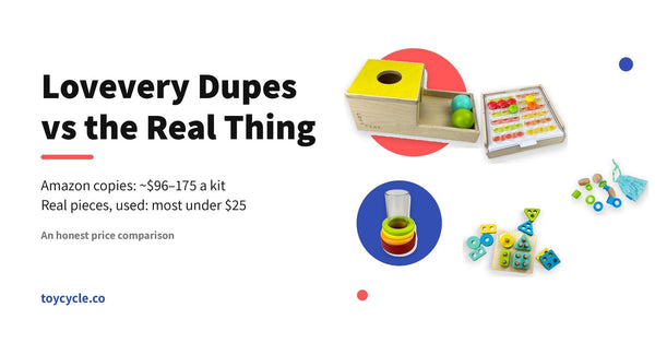 Lovevery dupes vs the real thing — used Lovevery Ball Drop Box, Mosaic Button Board, Clear Tube stacking rings and Sort & Stack Peg Puzzle at Toycycle