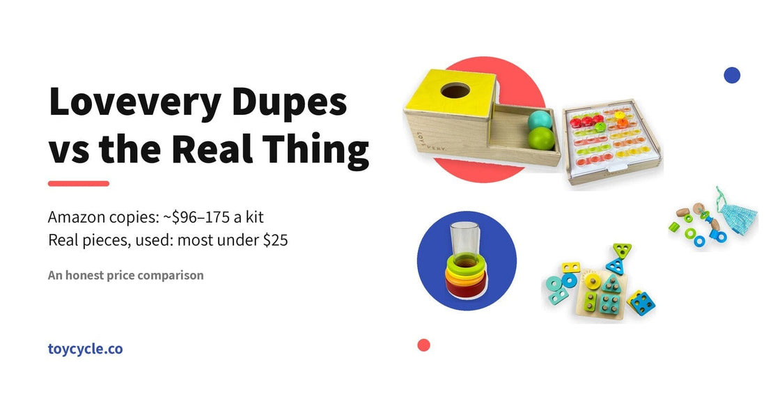 Lovevery dupes vs the real thing — used Lovevery Ball Drop Box, Mosaic Button Board, Clear Tube stacking rings and Sort & Stack Peg Puzzle at Toycycle
