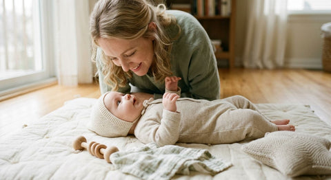Newborn baby on a soft play mat looking up at a parent's face during sensory play.