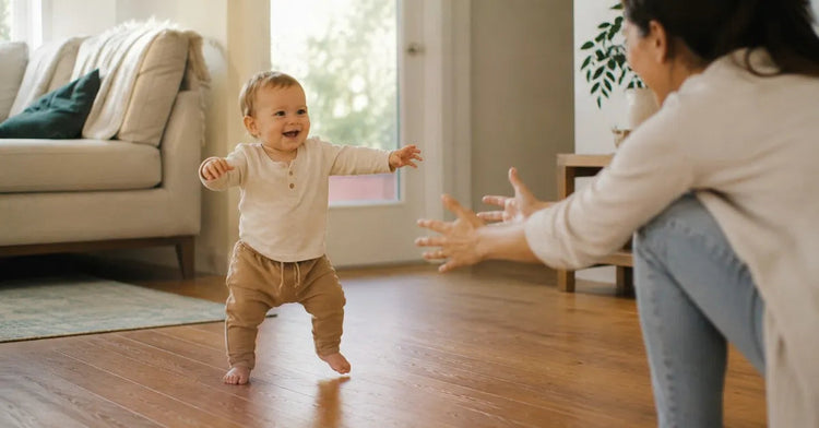 Toddler around 13 months taking wobbly first steps on a hardwood floor, arms out for balance, parent crouching nearby with outstretched hands