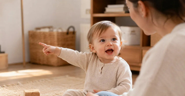 Toddler around 15 months pointing excitedly while looking at a parent, mouth open mid-word