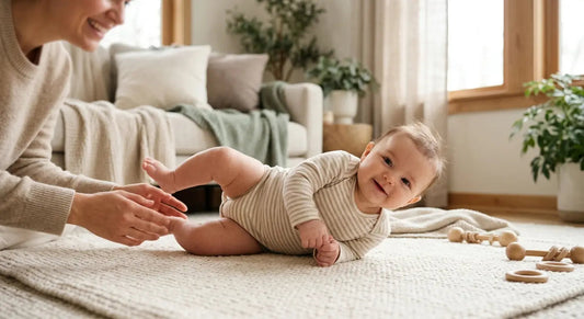 A 4-month-old baby rolling from tummy to back on a soft play mat with a parent watching.