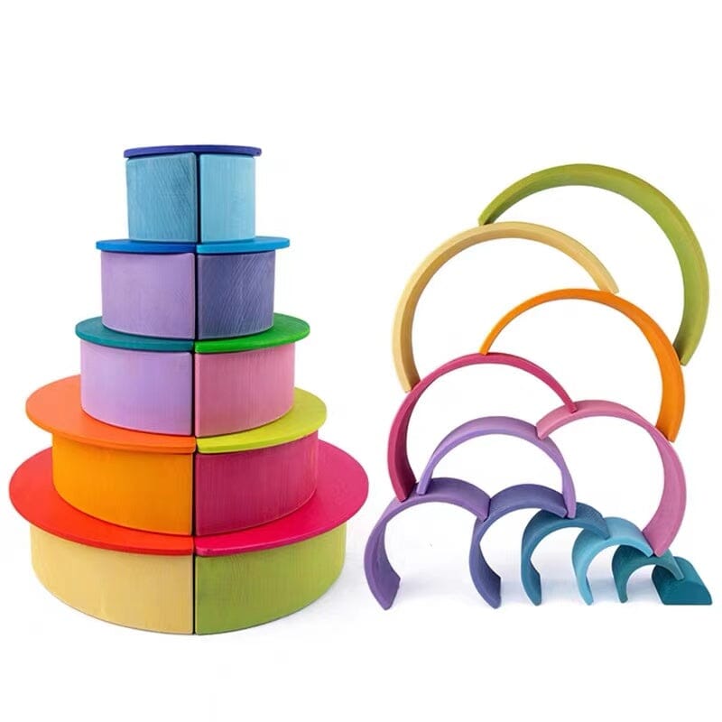 Green Elephant Home and Toys - 12 Pcs Large Wooden Rainbow Stacking Blocks in Pastel/Macaron Colors