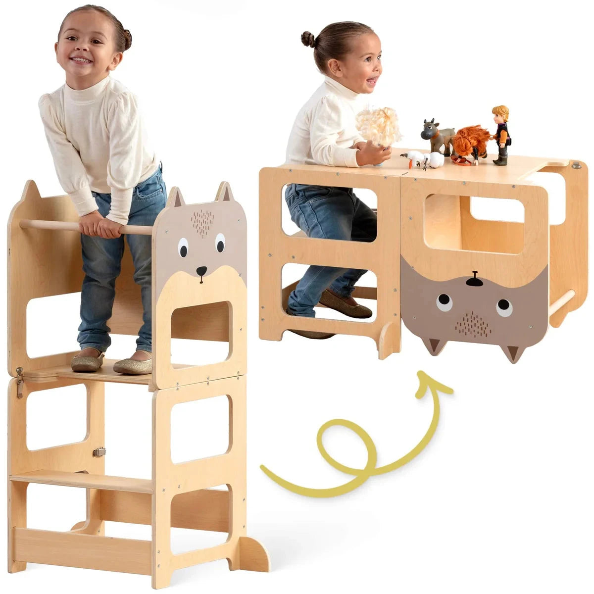 Child playing with Montessori Toddler Tower, Step Stool & Desk Toys 