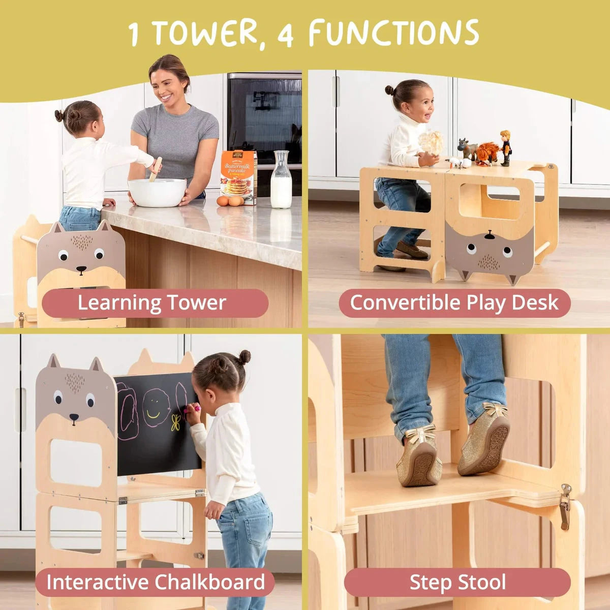 4-in-1 Montessori Toddler Tower, Step Stool & Desk Toys 
