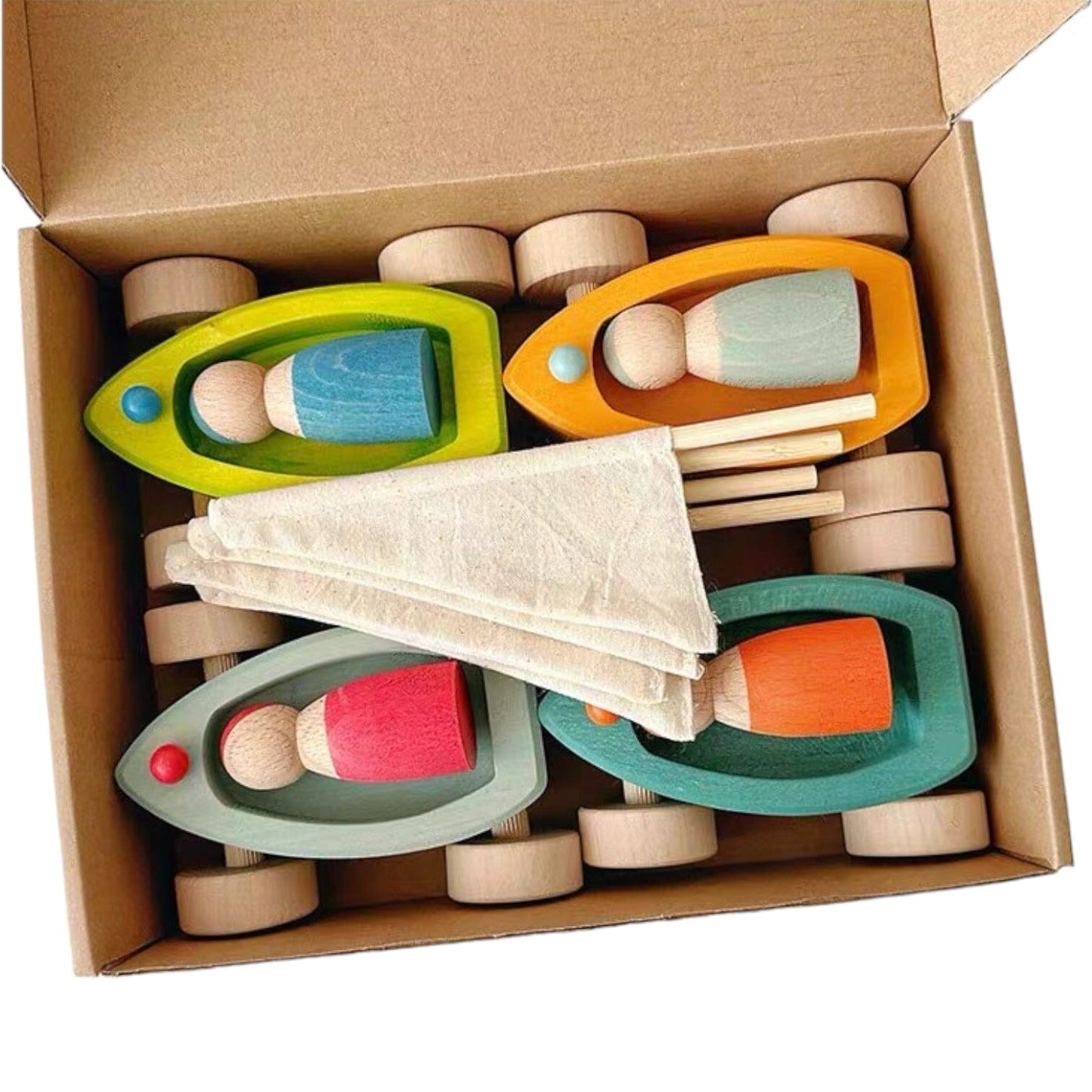 Green Elephant Home and Toys - 4 Pcs STAINED Wooden Land Yachts Set with 4 Pcs Peg dolls