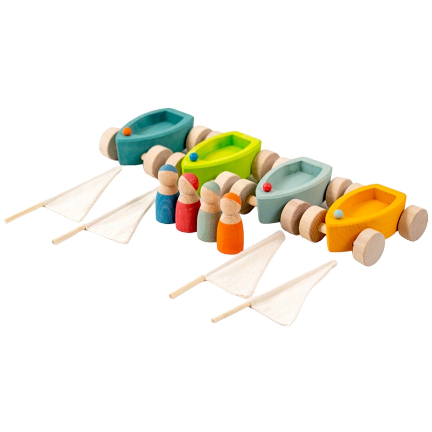 Green Elephant Home and Toys - 4 Pcs STAINED Wooden Land Yachts Set with 4 Pcs Peg dolls