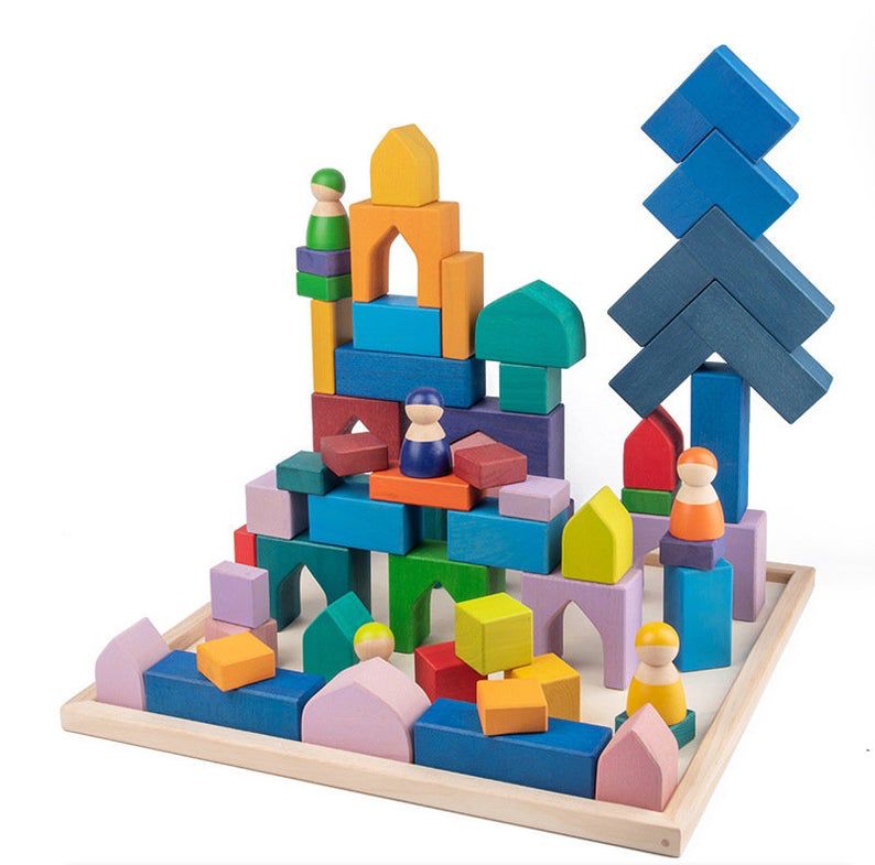 54 Pcs STAINED Arabian 1001 Nights Inspired Wooden Building Blocks Set with Tray toys 