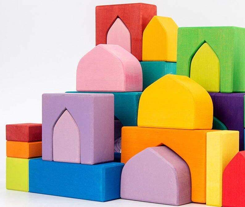 54 Pcs STAINED Arabian 1001 Nights Inspired Wooden Building Blocks Set with Tray toys 
