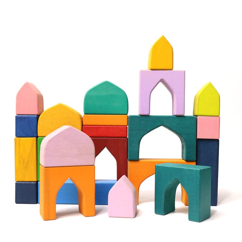 54 Pcs STAINED Arabian 1001 Nights Inspired Wooden Building Blocks Set with Tray toys 