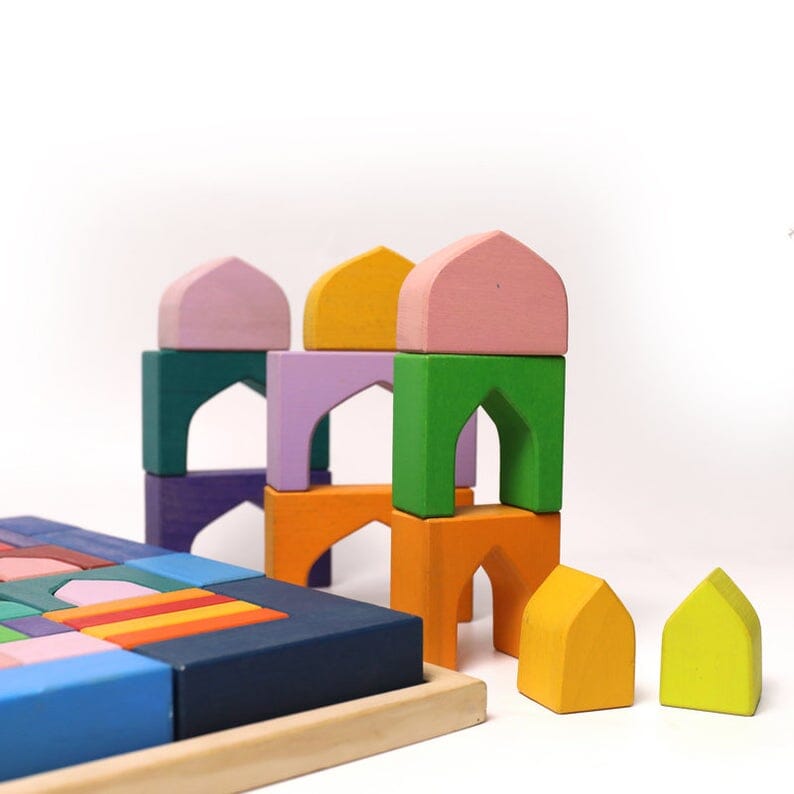 54 Pcs STAINED Arabian 1001 Nights Inspired Wooden Building Blocks Set with Tray toys 