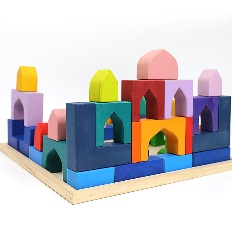 Green Elephant Home and Toys - 54 Pcs STAINED Wooden Building Blocks Set with Tray