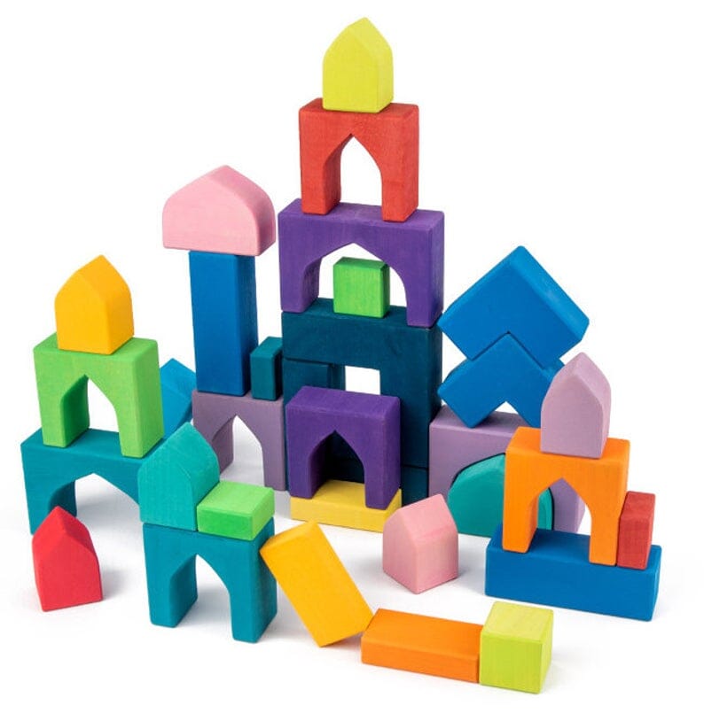 Green Elephant Home and Toys - 54 Pcs STAINED Wooden Building Blocks Set with Tray