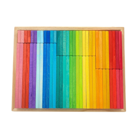 64 Pcs STAINED Large Wooden Rainbow Building Slats with Storage Tray 